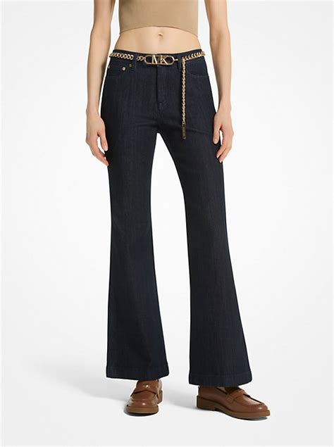 Stretch Denim Belted Flared Jeans 